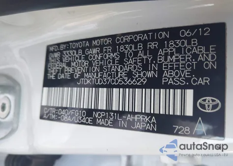 2012 Toyota Yaris L из США, поврежденный, VIN JTDKTUD37CD536629